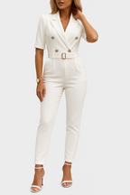 Women's Belted Wide Leg Jumpsuit – Deep V-Neck Lapel Jumpsuit
