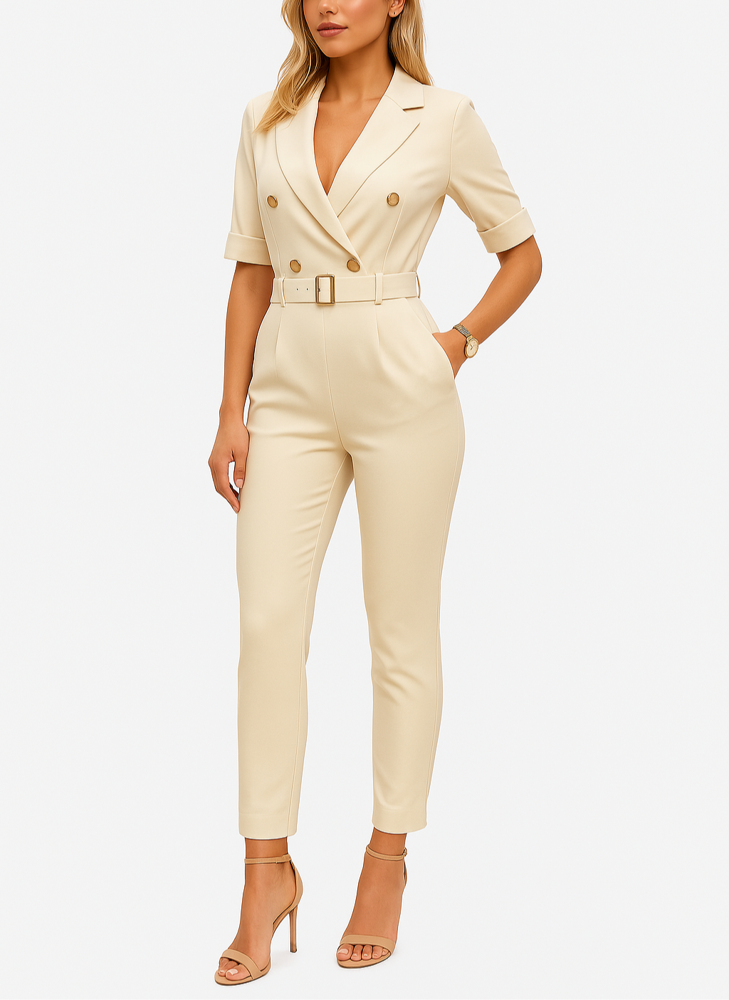 Women's Belted Wide Leg Jumpsuit – Deep V-Neck Lapel Jumpsuit