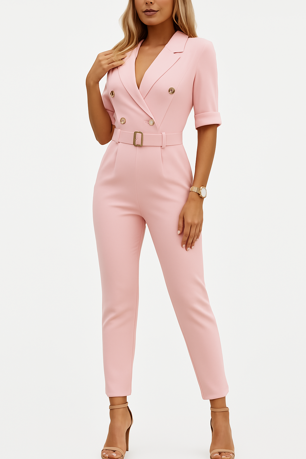 Women's Belted Wide Leg Jumpsuit – Deep V-Neck Lapel Jumpsuit