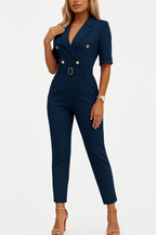 Women's Belted Wide Leg Jumpsuit – Deep V-Neck Lapel Jumpsuit