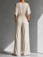 Women's V-Neck Wrap Wide Leg Jumpsuit – Open Shoulder Pocket Formal Jumpsuit