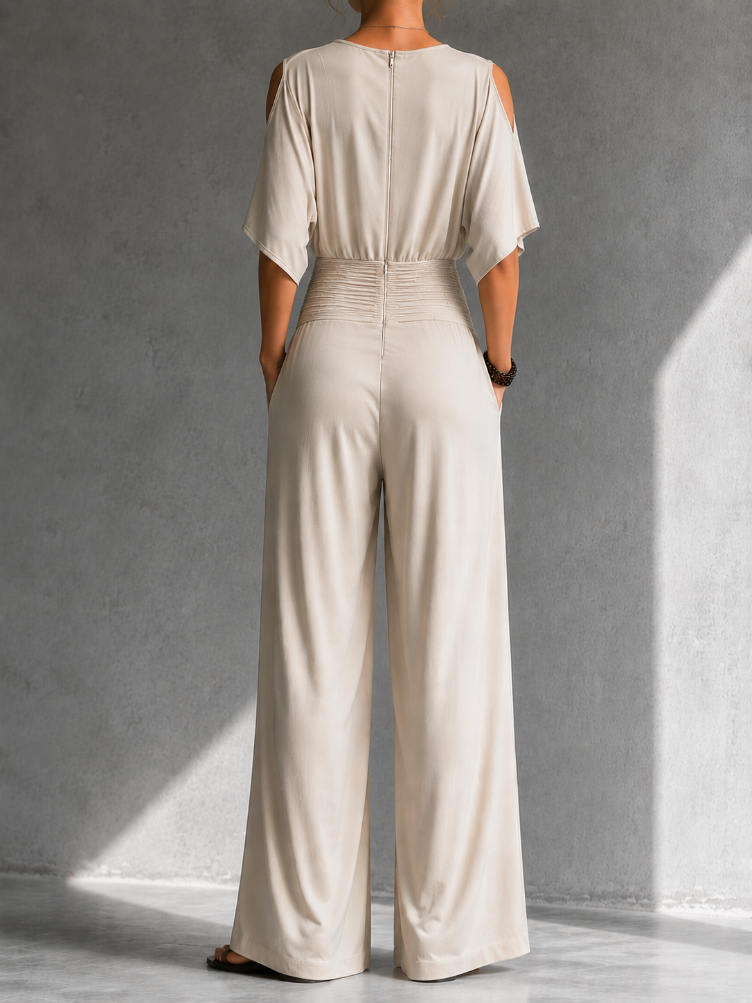 Women's V-Neck Wrap Wide Leg Jumpsuit – Open Shoulder Pocket Formal Jumpsuit