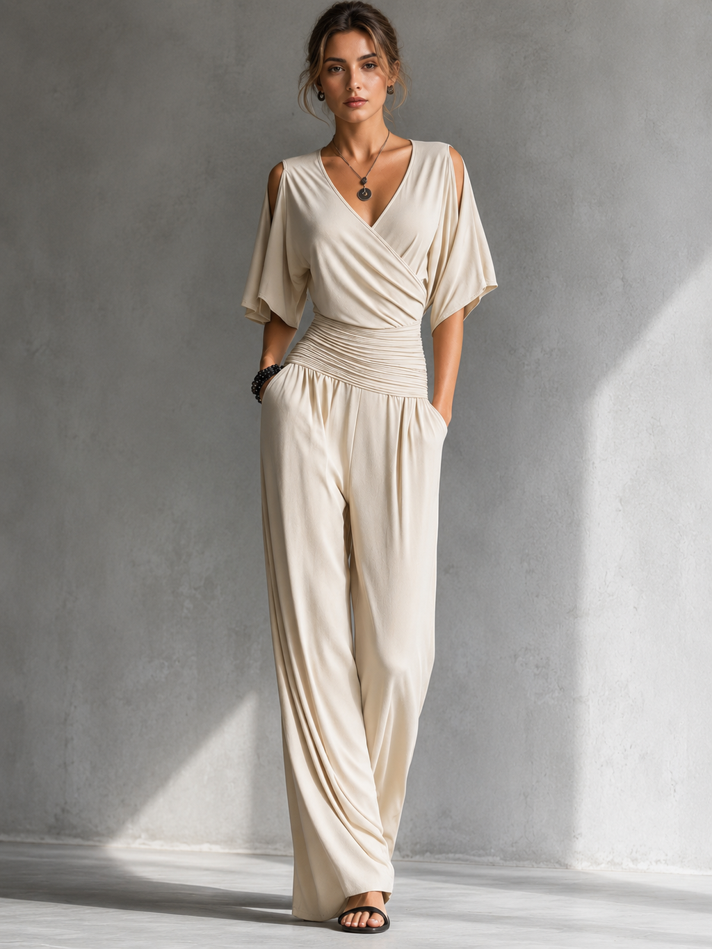 Women's V-Neck Wrap Wide Leg Jumpsuit – Open Shoulder Pocket Formal Jumpsuit