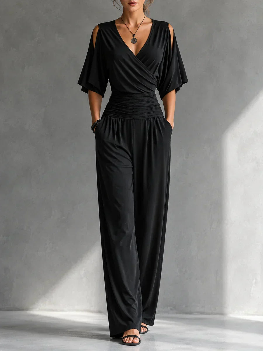 Women's V-Neck Wrap Wide Leg Jumpsuit – Open Shoulder Pocket Formal Jumpsuit