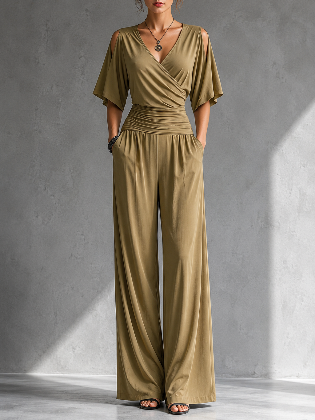 Women's V-Neck Wrap Wide Leg Jumpsuit – Open Shoulder Pocket Formal Jumpsuit