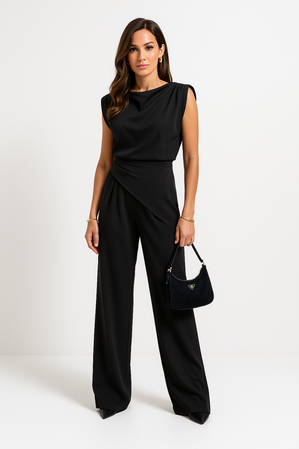 Women's Draped Two-Piece Set – High Waist Wide Leg Pants Set
