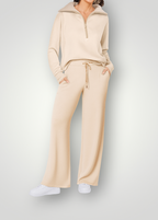 Women's Zip-Up Lounge Set – High Waist Wide Leg Pants Set