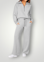 Women's Zip-Up Lounge Set – High Waist Wide Leg Pants Set