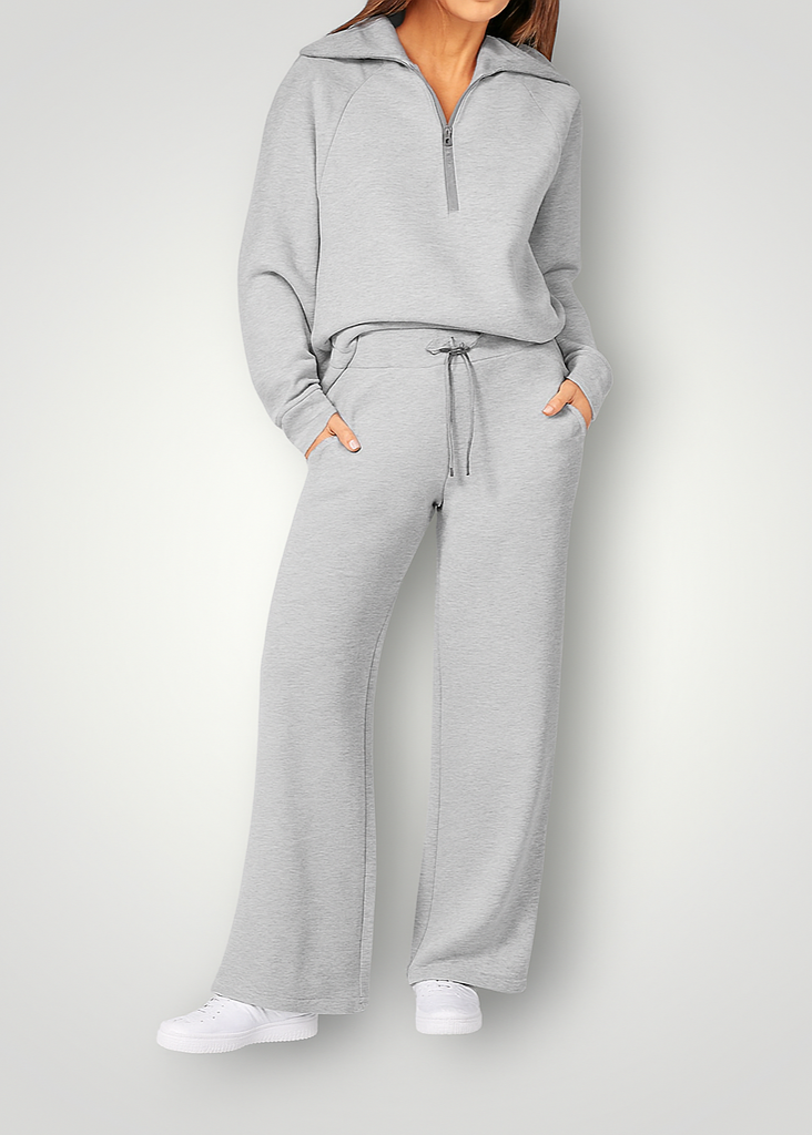 Women's Zip-Up Lounge Set – High Waist Wide Leg Pants Set