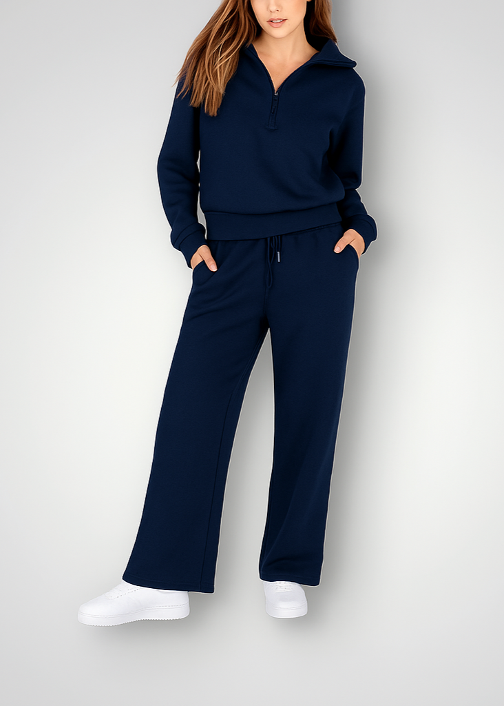 Women's Zip-Up Lounge Set – High Waist Wide Leg Pants Set