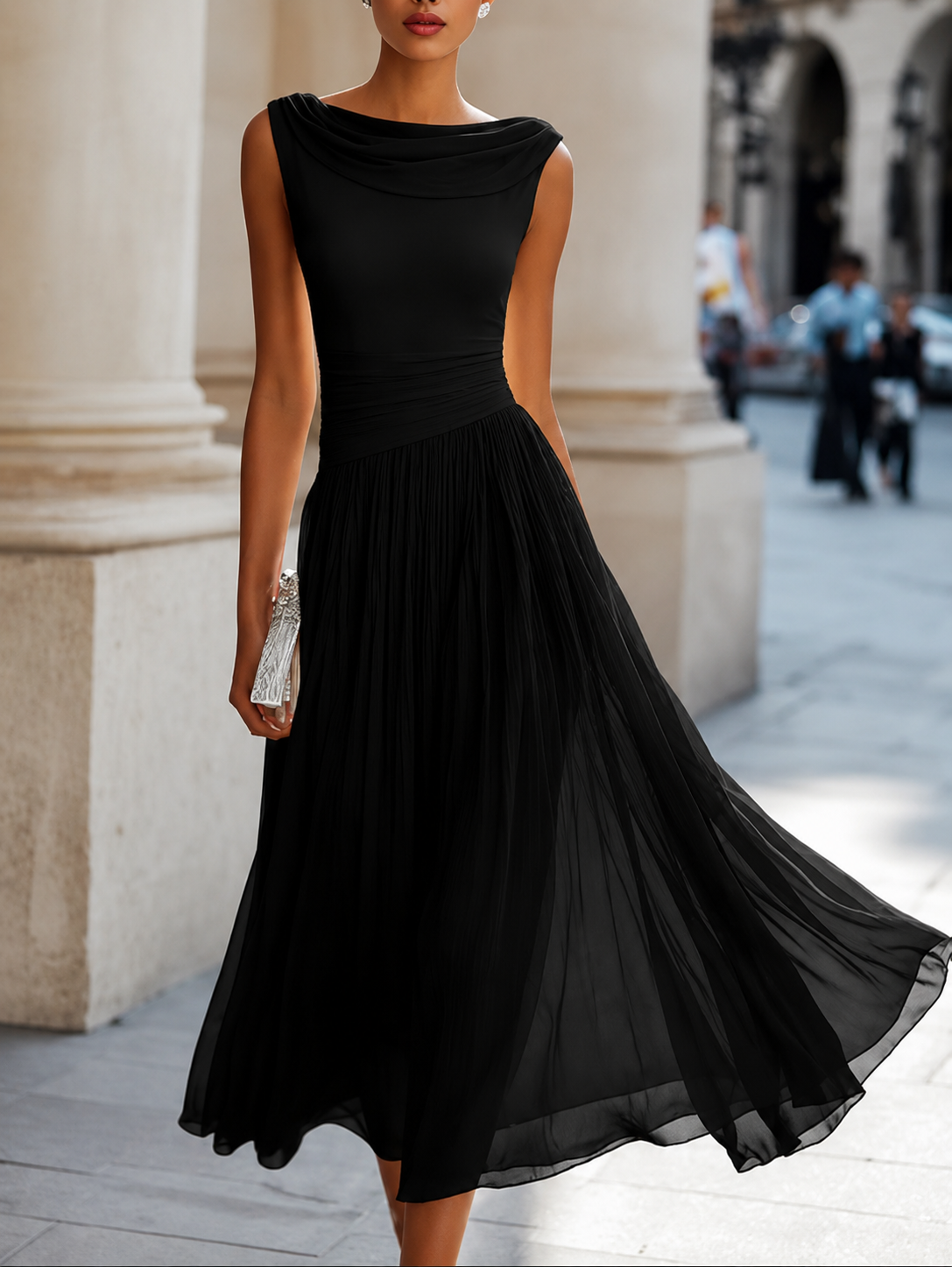 Women's Wedding Guest Pleated Midi Dress – Flowy Formal Occasion Dress