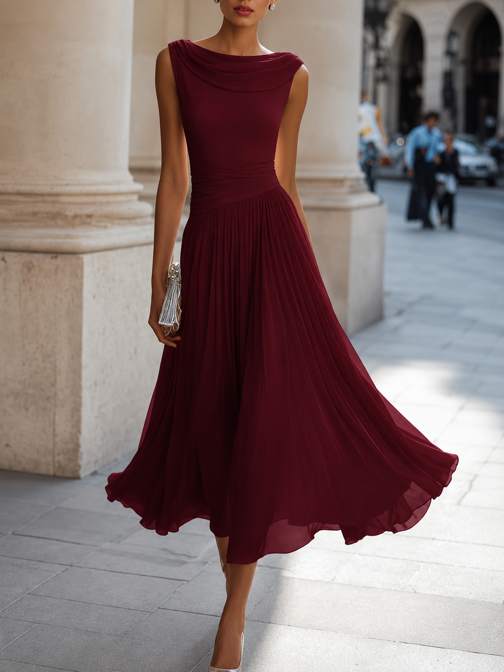 Women's Wedding Guest Pleated Midi Dress – Flowy Formal Occasion Dress