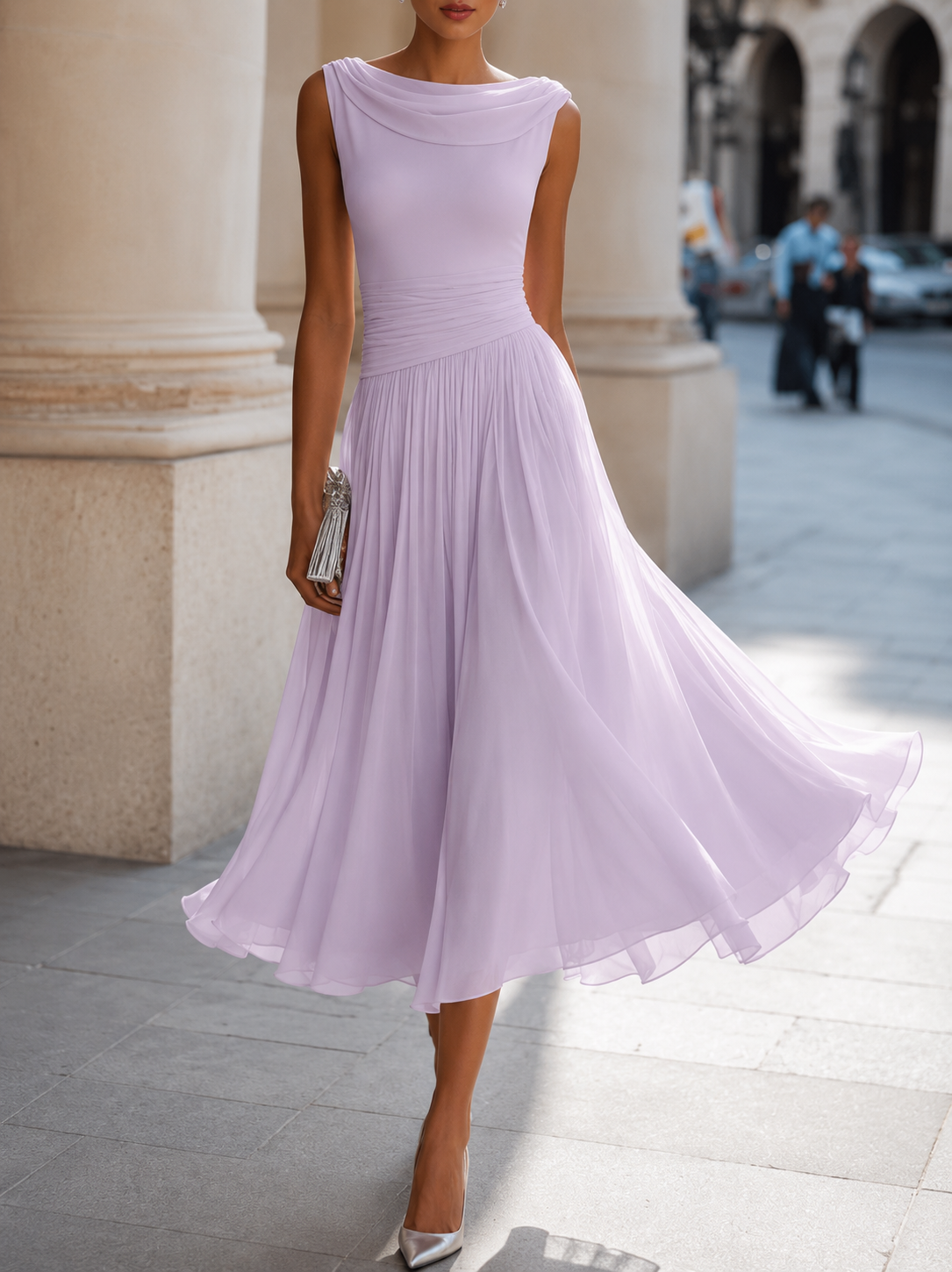 Women's Wedding Guest Pleated Midi Dress – Flowy Formal Occasion Dress