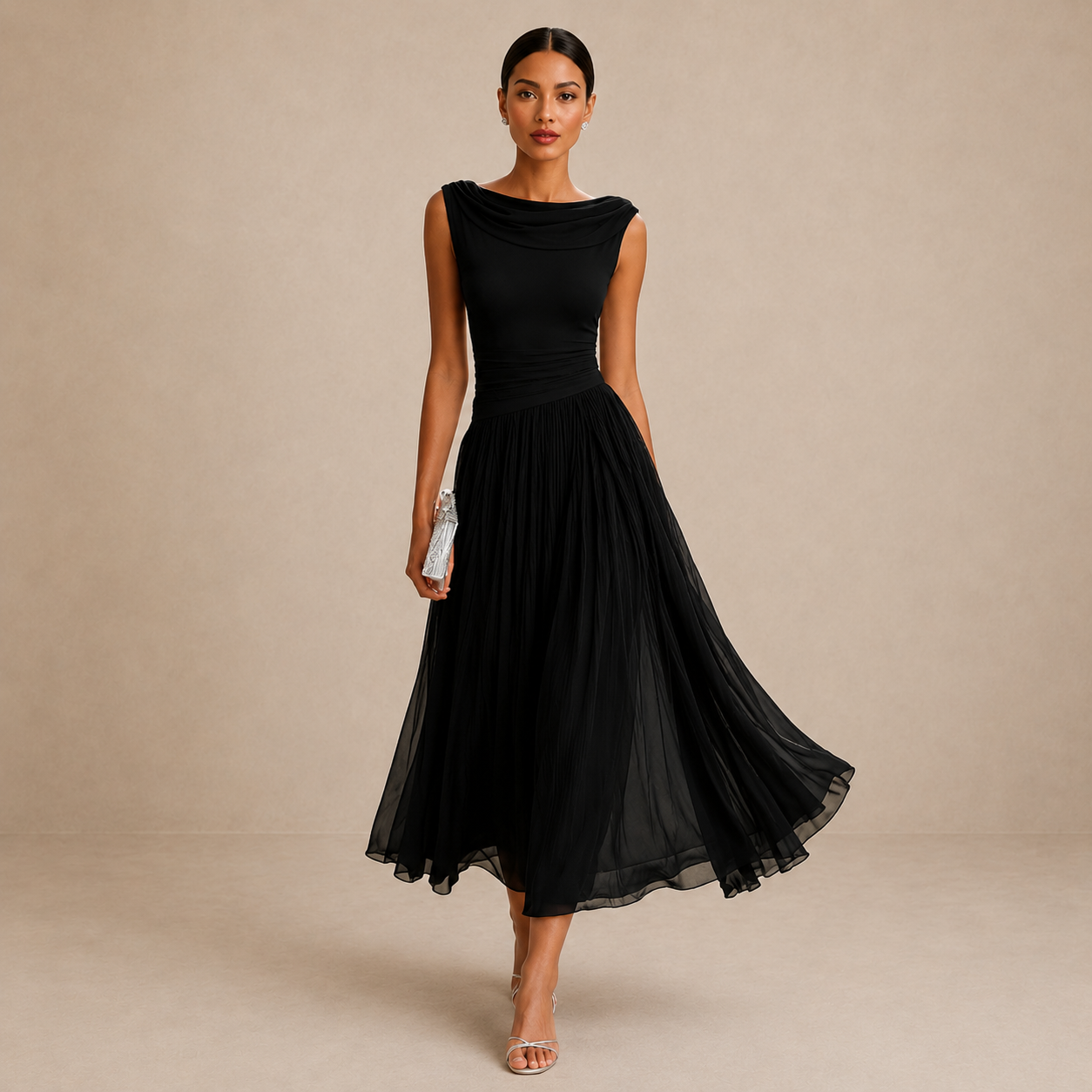 Women's Wedding Guest Pleated Midi Dress – Flowy Formal Occasion Dress