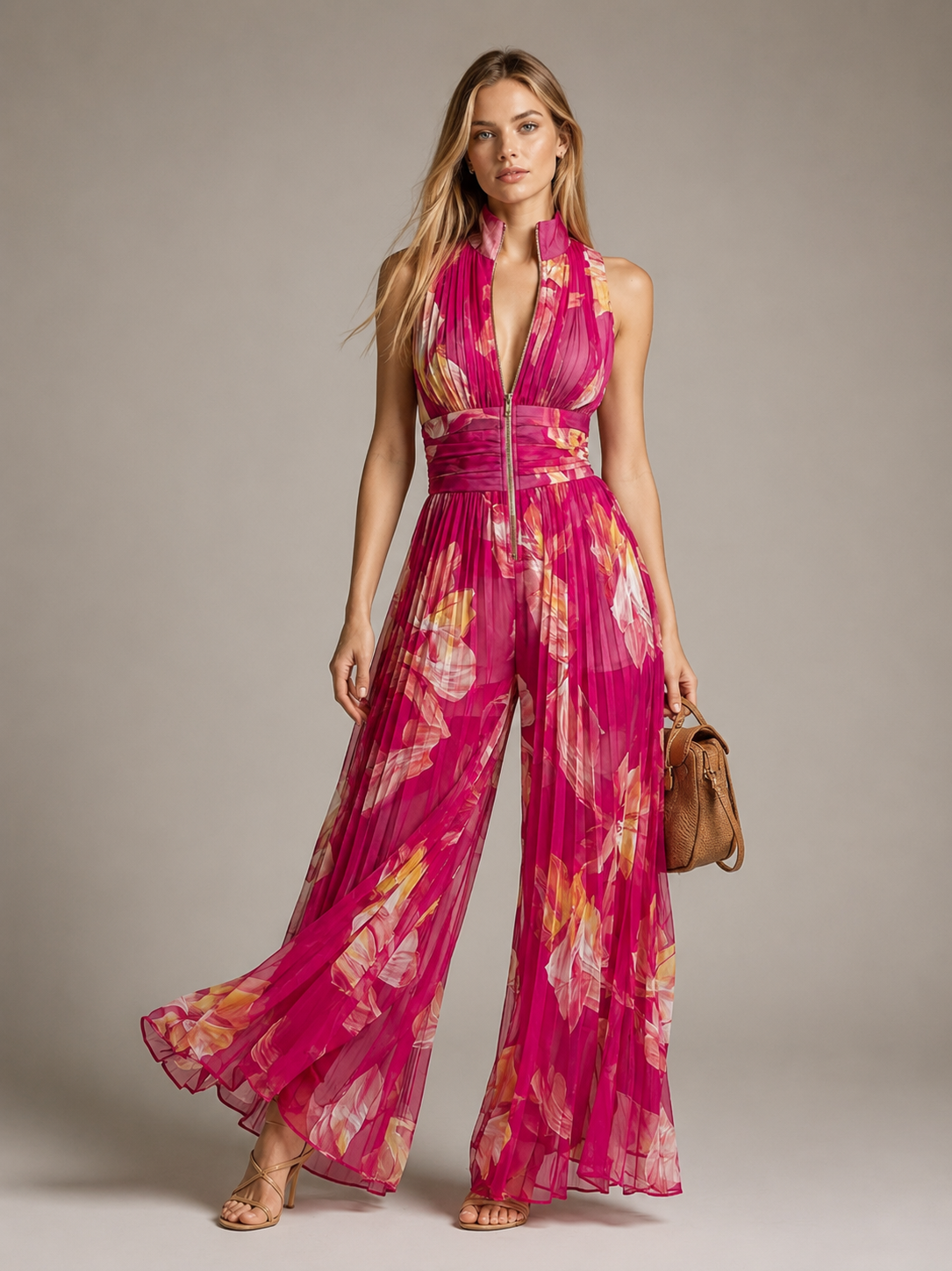 Women's Floral V-Neck Jumpsuit – Wide Leg Summer Occasion Jumpsuit