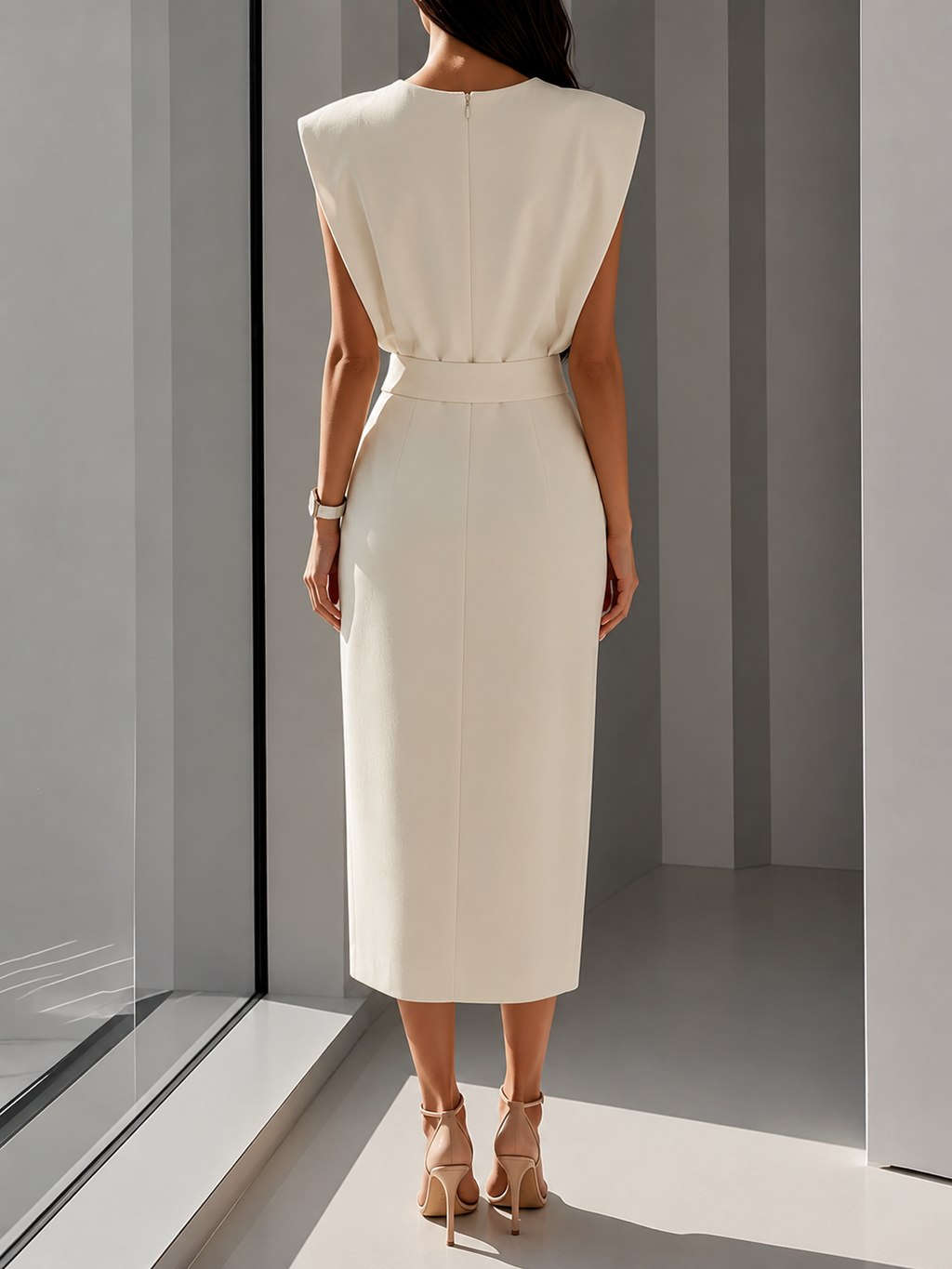 Women's Sleeveless Fitted Midi Dress – Decorative Button Occasion Dress