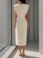 Women's Sleeveless Fitted Midi Dress – Decorative Button Occasion Dress