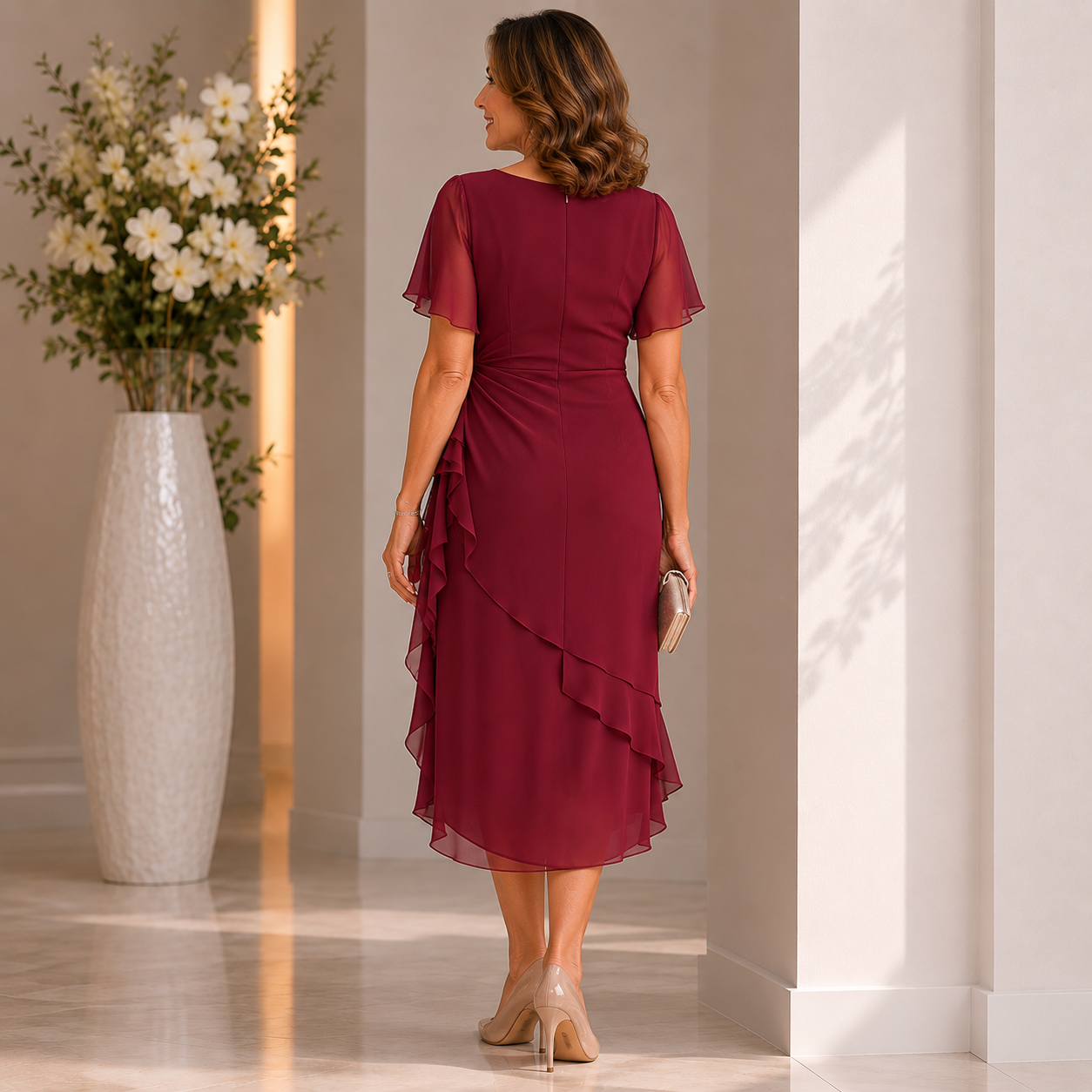 Women's Ruffle Cocktail Midi Dress – Cinched Waist Flutter Sleeve Dress