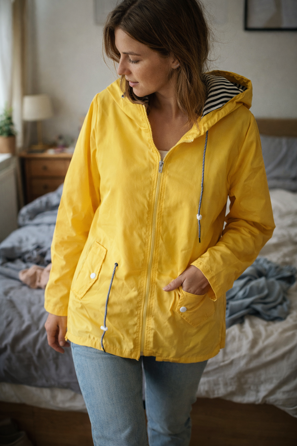 Women's Long Hooded Rain Jacket – Drawstring Waist Zip-Up Outdoor Coat