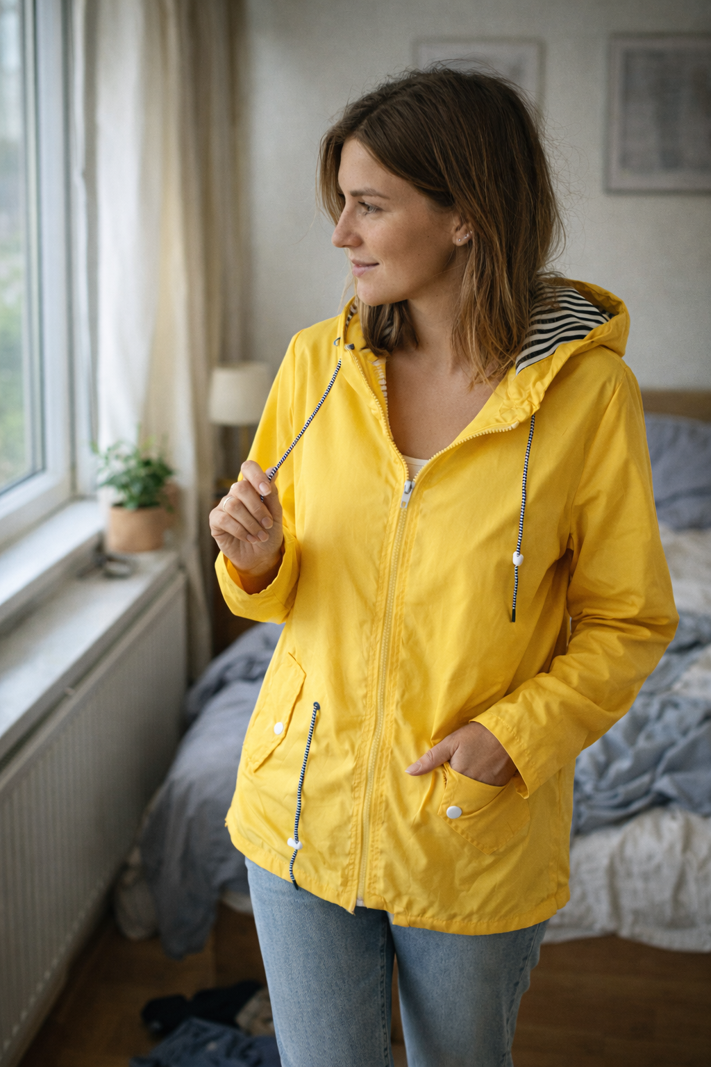 Women's Long Hooded Rain Jacket – Drawstring Waist Zip-Up Outdoor Coat