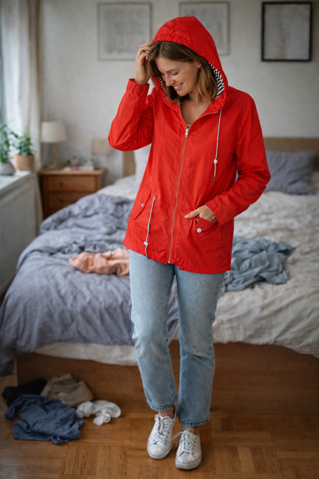 Women's Long Hooded Rain Jacket – Drawstring Waist Zip-Up Outdoor Coat