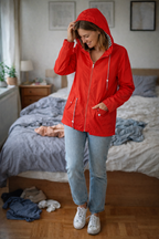 Women's Long Hooded Rain Jacket – Drawstring Waist Zip-Up Outdoor Coat
