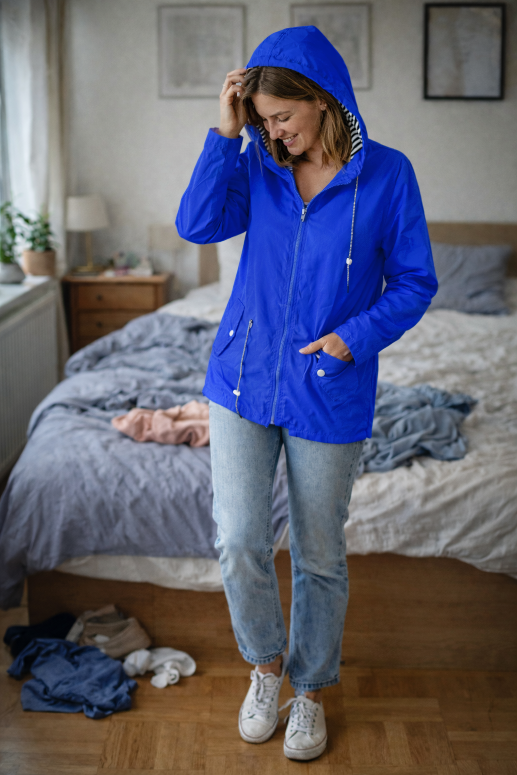 Women's Long Hooded Rain Jacket – Drawstring Waist Zip-Up Outdoor Coat