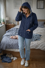 Women's Long Hooded Rain Jacket – Drawstring Waist Zip-Up Outdoor Coat