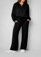 Women's Zip-Up Lounge Set – High Waist Wide Leg Pants Set