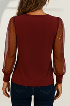 Women's Glitter Sheer Sleeve Blouse – Sparkly Mesh Sleeve Party Blouse