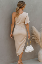 Women's High Slit Evening Gown – One Shoulder Pleated Formal Dress