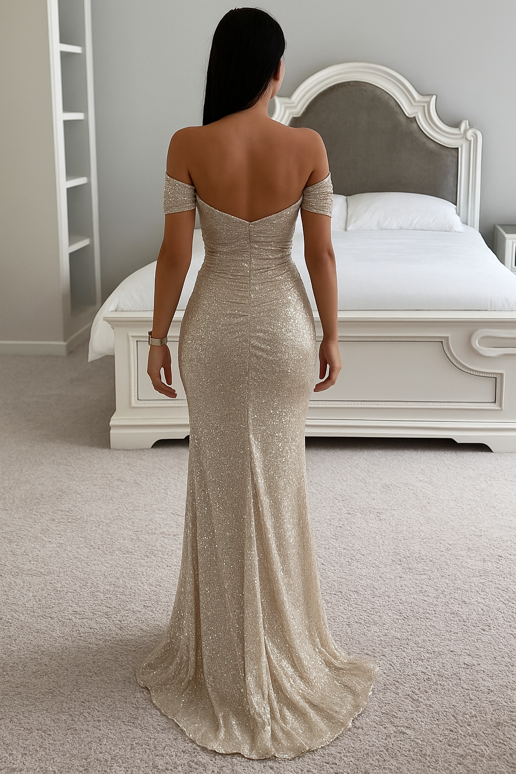 Women's High Slit Sequin Maxi Dress – Off-Shoulder Pleated Evening Gown
