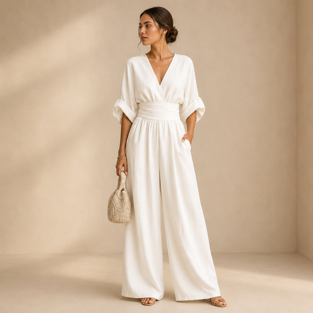 Women's V-Neck Wrap Jumpsuit – Tailored Waist Wide Leg Formal Jumpsuit