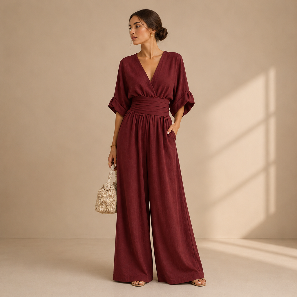 Women's V-Neck Wrap Jumpsuit – Tailored Waist Wide Leg Formal Jumpsuit