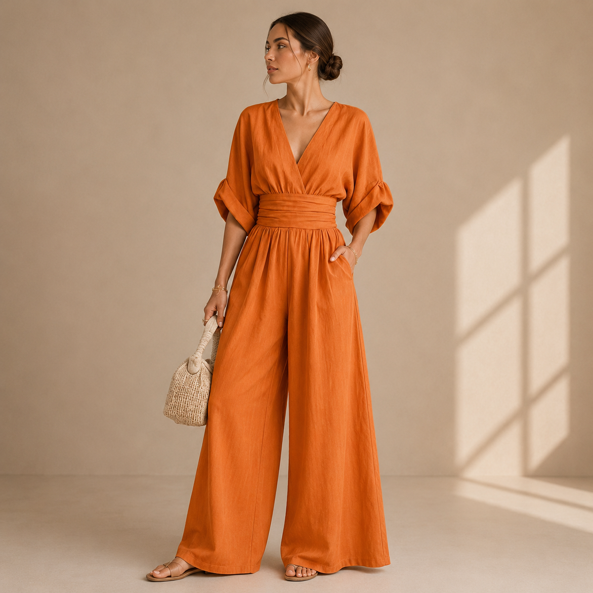 Women's V-Neck Wrap Jumpsuit – Tailored Waist Wide Leg Formal Jumpsuit