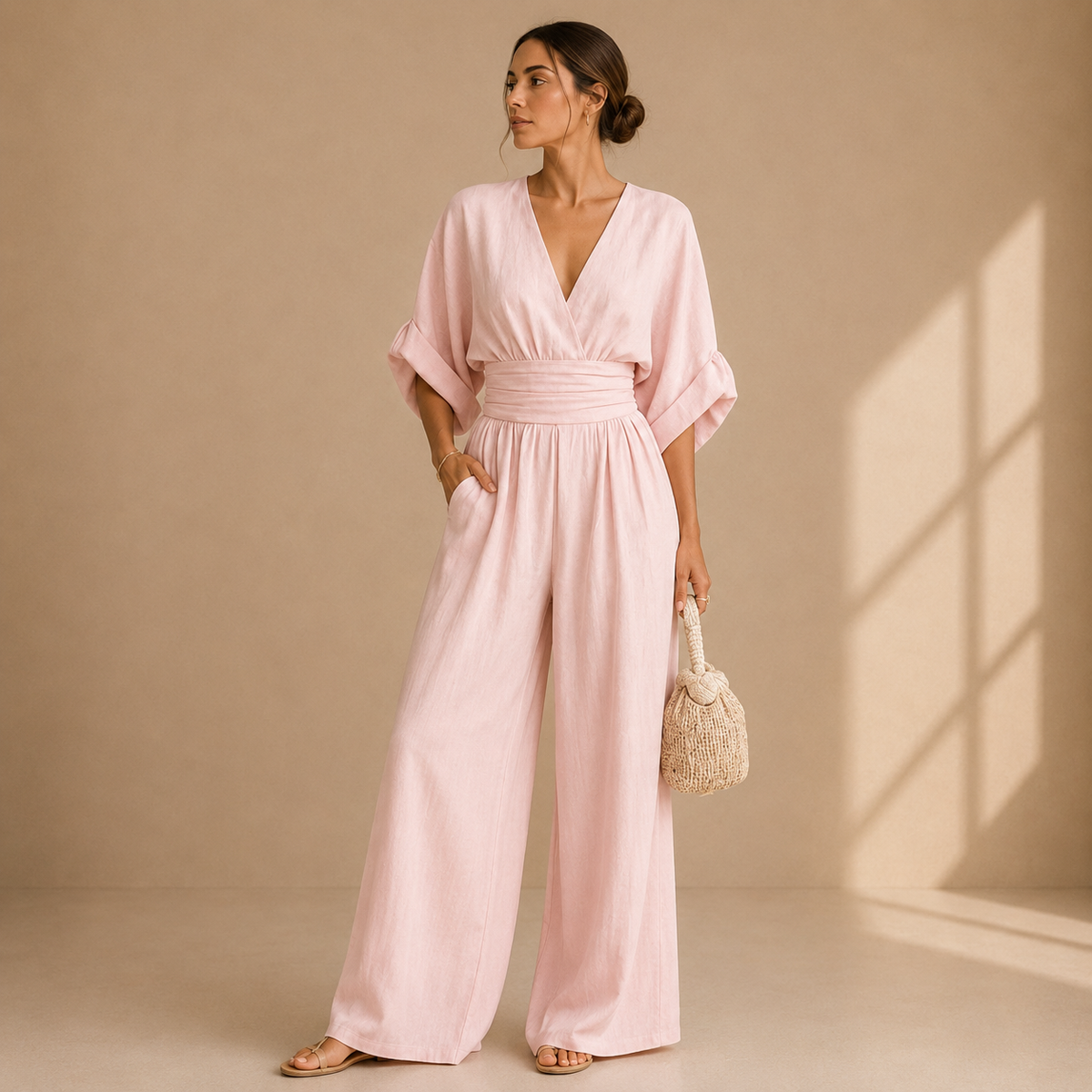 Women's V-Neck Wrap Jumpsuit – Tailored Waist Wide Leg Formal Jumpsuit