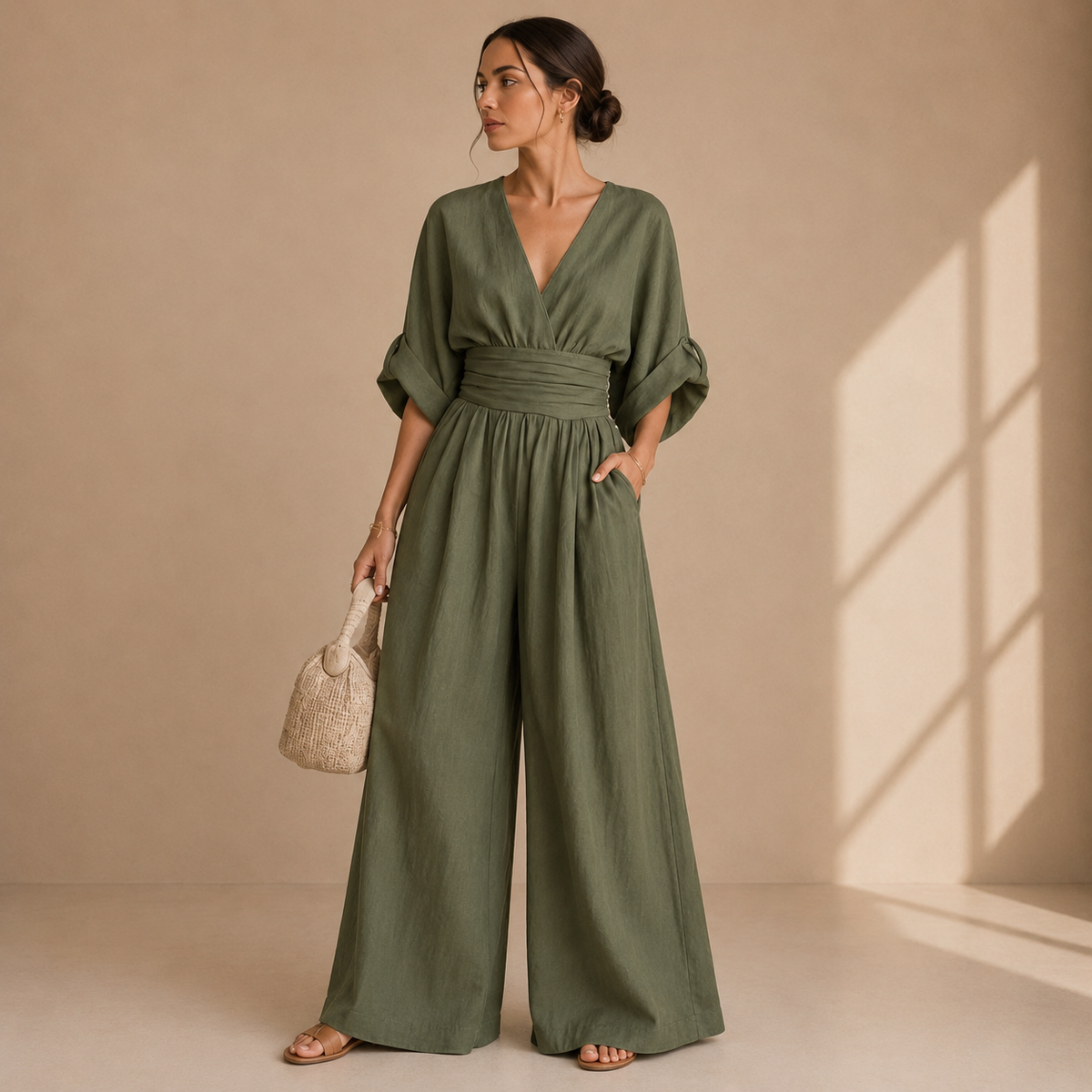 Women's V-Neck Wrap Jumpsuit – Tailored Waist Wide Leg Formal Jumpsuit
