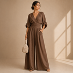 Women's V-Neck Wrap Jumpsuit – Tailored Waist Wide Leg Formal Jumpsuit