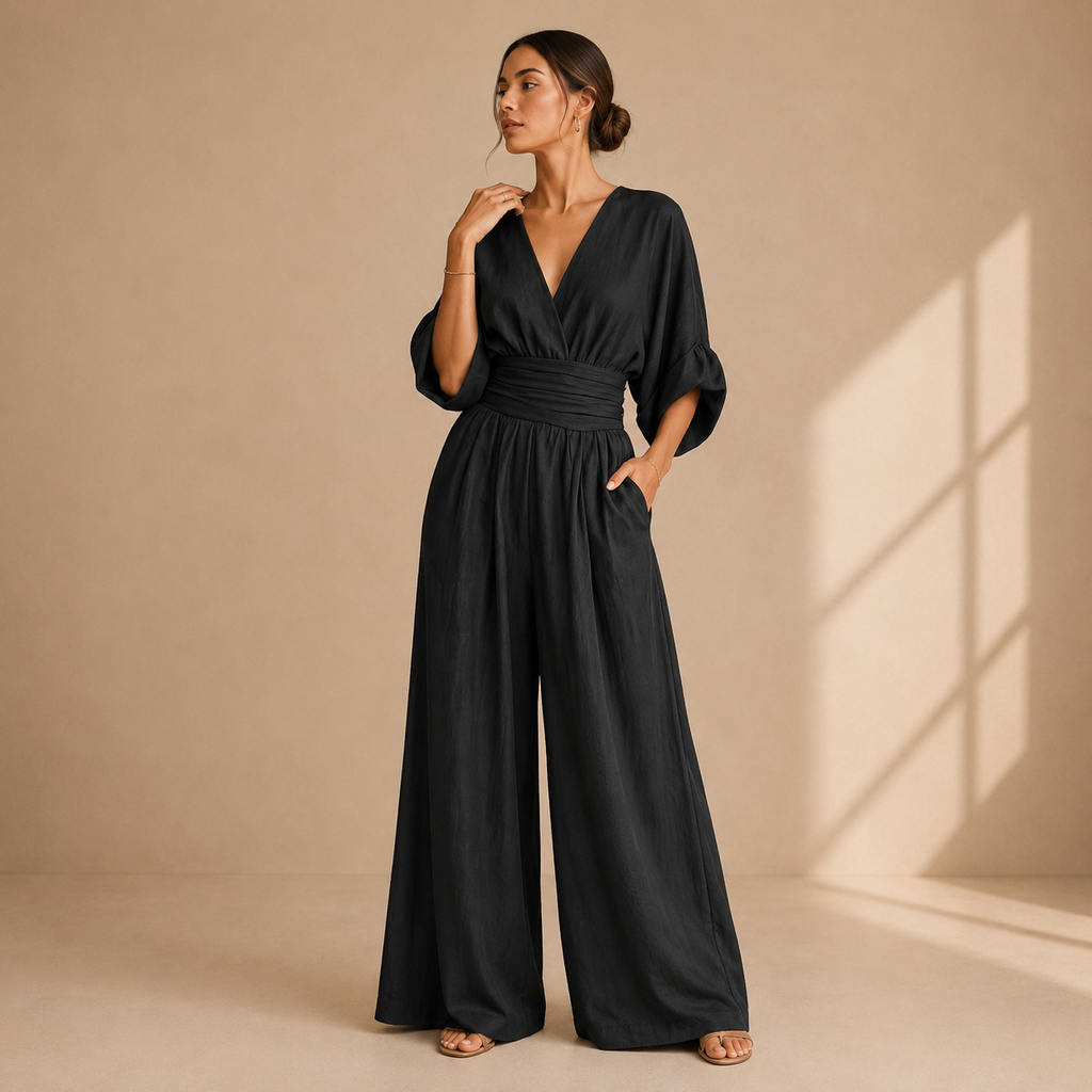 Women's V-Neck Wrap Jumpsuit – Tailored Waist Wide Leg Formal Jumpsuit