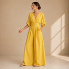 Women's V-Neck Wrap Jumpsuit – Tailored Waist Wide Leg Formal Jumpsuit