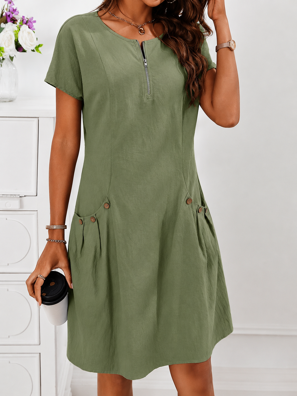 Women's A-Line Pocket Midi Dress – Short Sleeve Flowy Day Dress