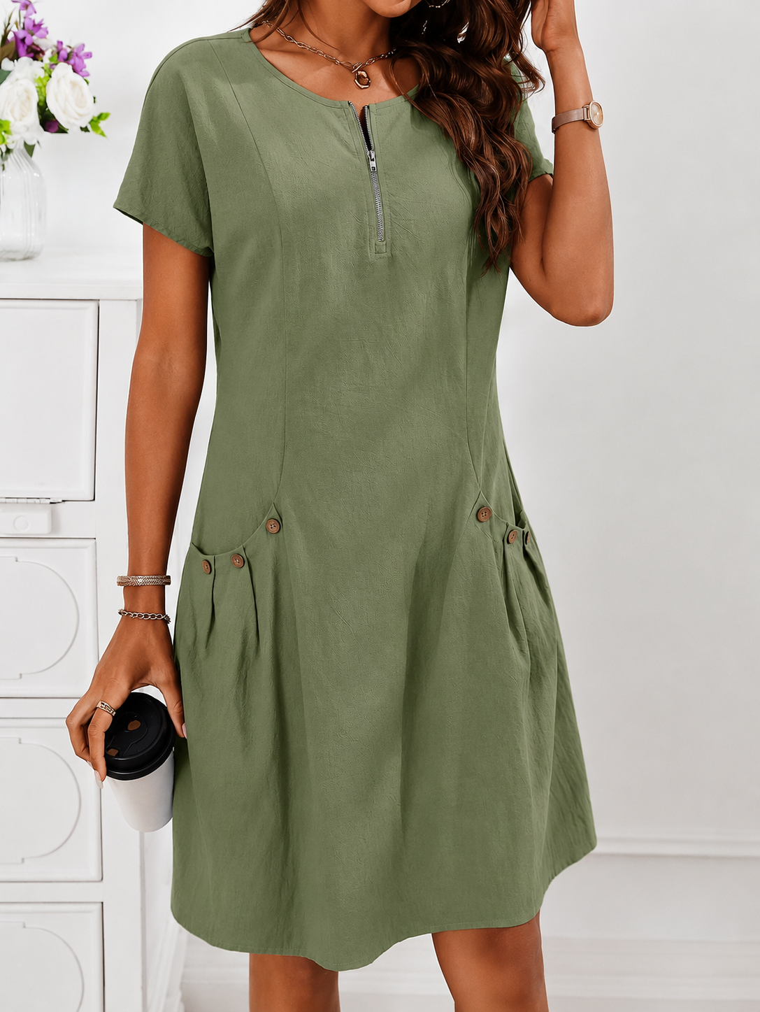 Women's A-Line Pocket Midi Dress – Short Sleeve Flowy Day Dress