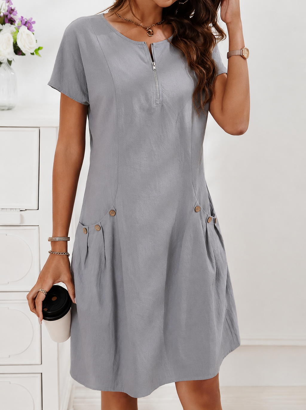 Women's A-Line Pocket Midi Dress – Short Sleeve Flowy Day Dress
