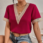 Women's Split Lace Blouse – V-Neck Long Sleeve Lace Panel Blouse
