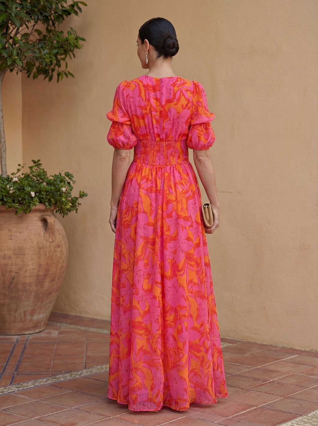 Women's V-Neck Maxi Dress – Cinched Waist Flowy Occasion Dress