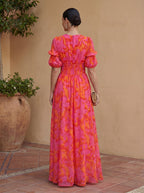 Women's V-Neck Maxi Dress – Cinched Waist Flowy Occasion Dress