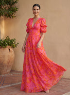 Women's V-Neck Maxi Dress – Cinched Waist Flowy Occasion Dress