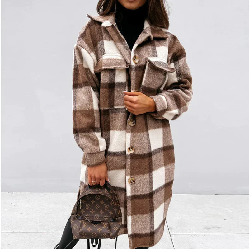 Women's Relaxed Plaid Coat – Long Button Front Winter Overcoat