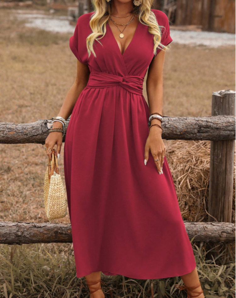 Women's Wedding Guest Maxi Dress – V-Neck Cinched Waist Flowy Dress