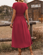 Women's Wedding Guest Maxi Dress – V-Neck Cinched Waist Flowy Dress
